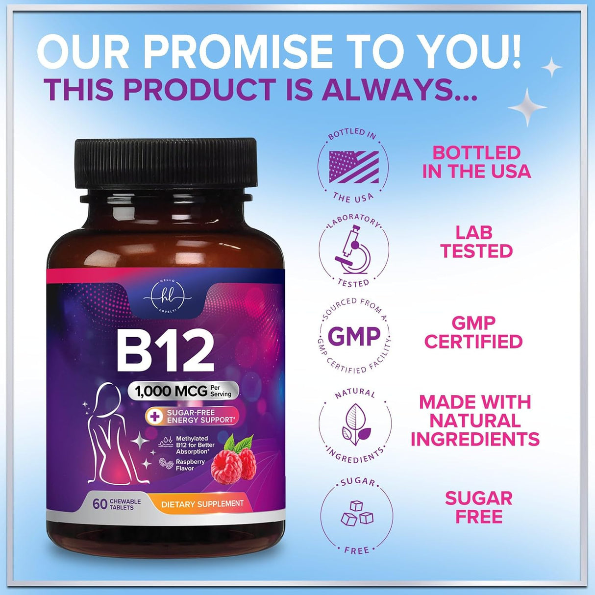 B 12 Vitamin Chewables 1000 mcg - B12 Complex with Heart & Nerve Energy Health Support - Vitamin B-12 Complex for Adults with Immune Health Support - Gluten & Dairy Free - 60 Count