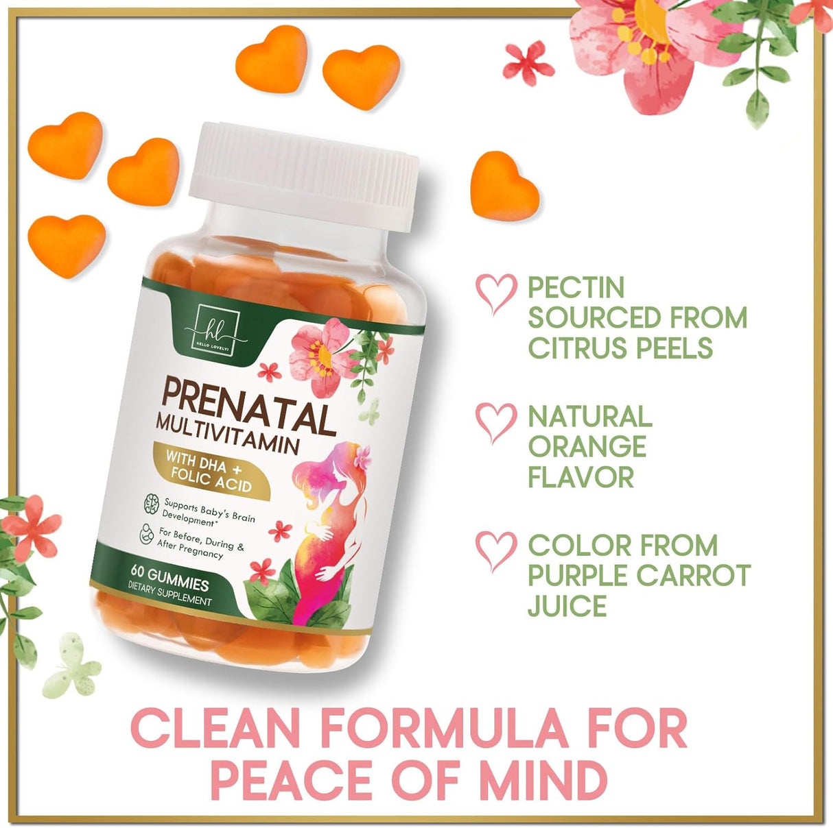 Prenatal Multivitamin Gummy w/ Folic Acid + DHA, Prenatal Vitamins with Omega 3, Vitamins B6, B12, C, D3 & Folate for Pregnancy Support, Prenatal Gummies for Women, Non-GMO Gluten Free - 60 Count