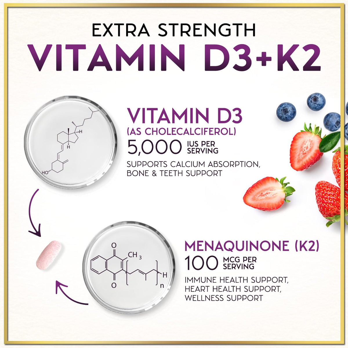 Vitamin D3 5,000 IU + K2 MK-7 Chewables – 120 Tablets