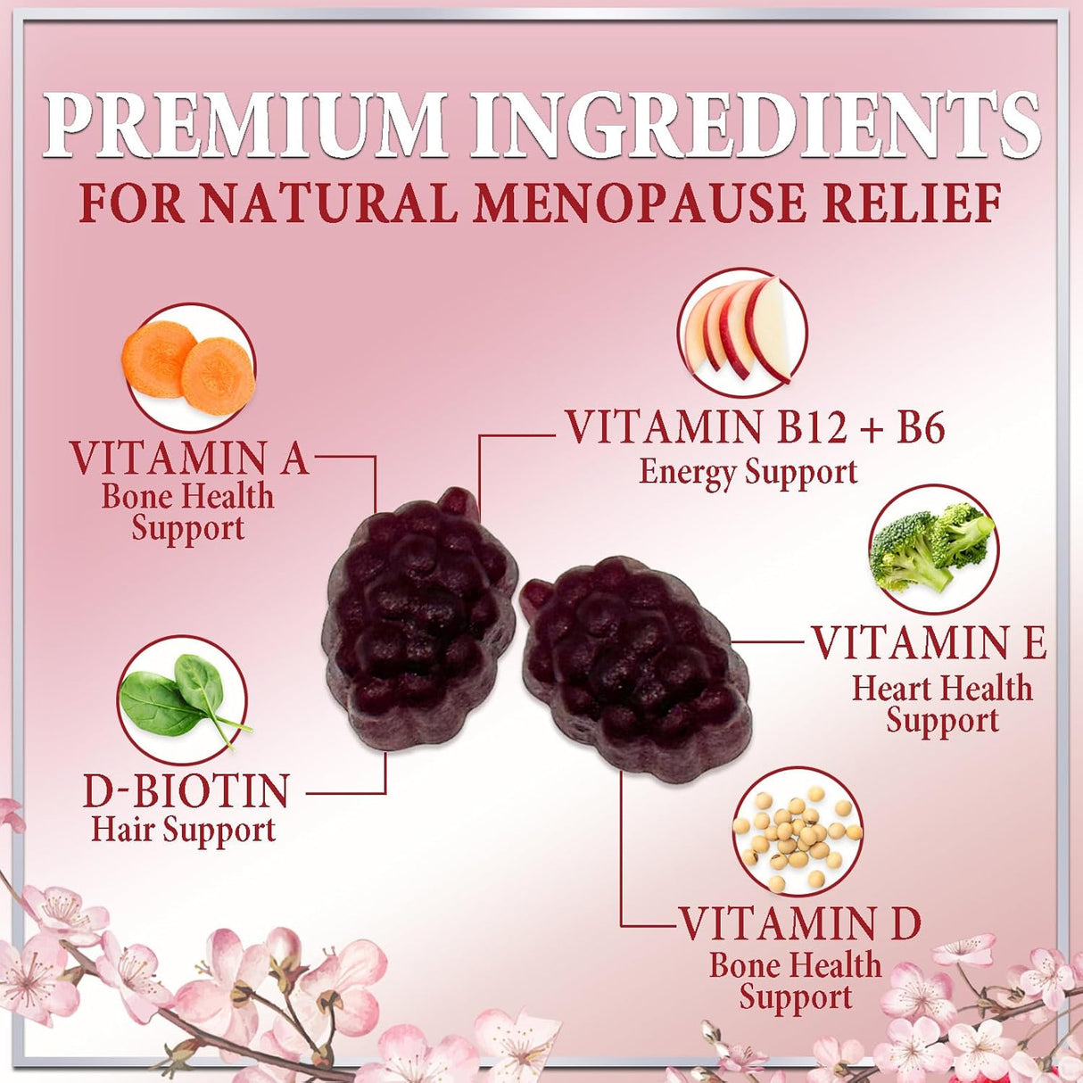 Complete Menopause Supplements for Women Gummy - Multibenefit Menopause Relief Gummies, Natural Hot Flash and Night Sweats Support - Energy Support Supplement, Raspberry Pomegranate