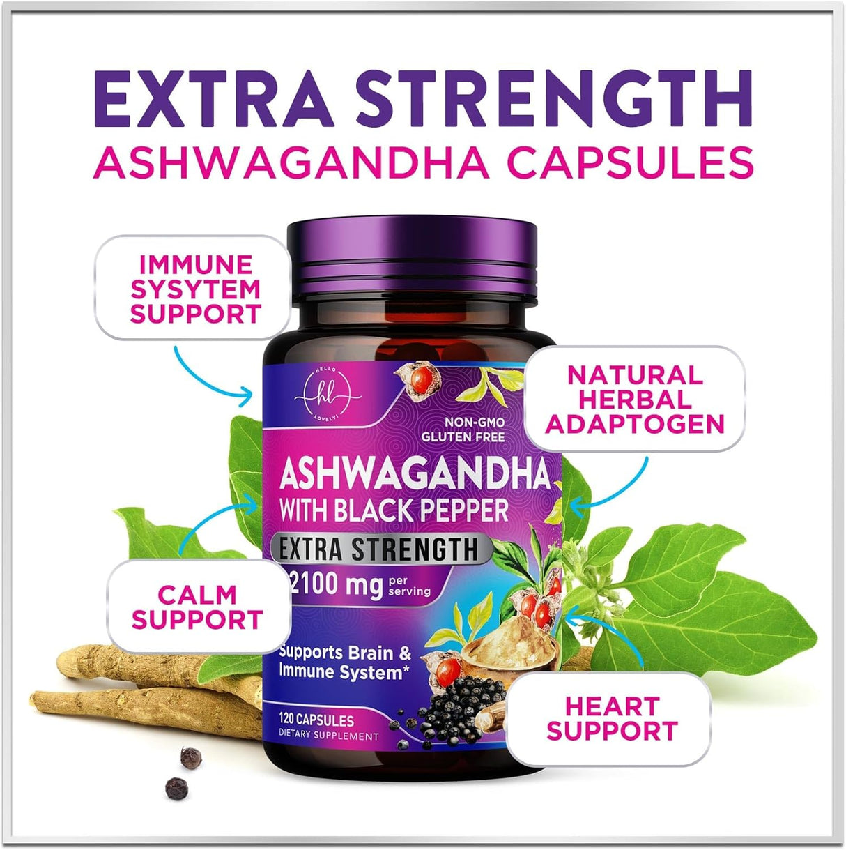 Ashwagandha 2,100 mg Extra Strength - Pure Ashwagandha Powder Antioxidant Support with Black Pepper plus Root Extract Vegan Adaptogen Formula Supplements for Energy and Immune Support - 120 Count