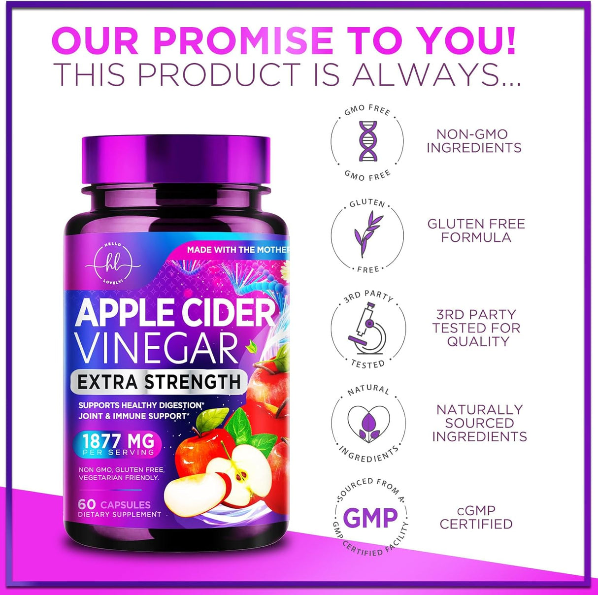 Apple Cider Vinegar Capsules - ACV Supplements with Vitamin D3 & Zinc for Detox & Cleanse, Gluten Free & Non-GMO, Vegetarian ACV Pills for Digestion, Energy & Immune Support - 60 Count