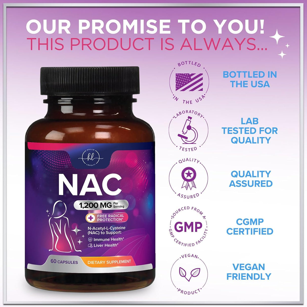 Hello Lovely! NAC Supplement 1200 mg - Liver, Lung Health & Immune Support, N-Aceyl Cysteine NAC Antioxidant & Free Radical Support, Non-GMO & Gluten Free N-Acetylcysteine Supplement - 60 Count