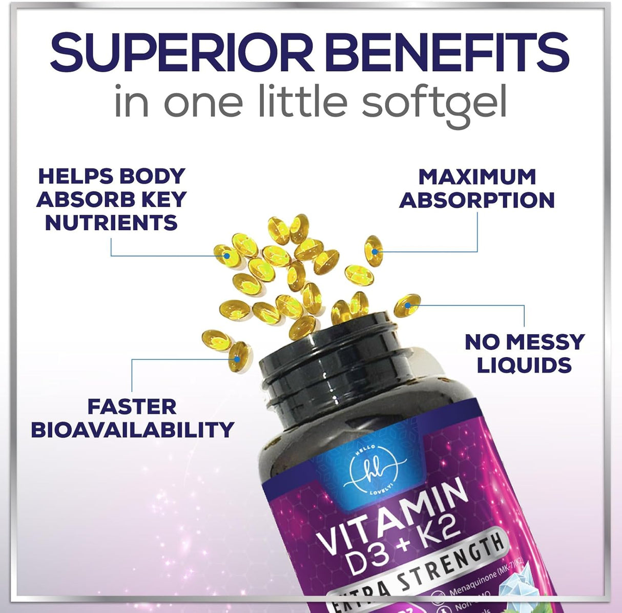 Vitamin D3 5000 IU with K2 100 mcg - D3 K2 Supplement, 2 in 1 Vitamins D & K2 Complex Softgels for Calcium Absorption, Bone, Teeth, Heart & Immune Support, Easy to Swallow, Non GMO - 240 Count