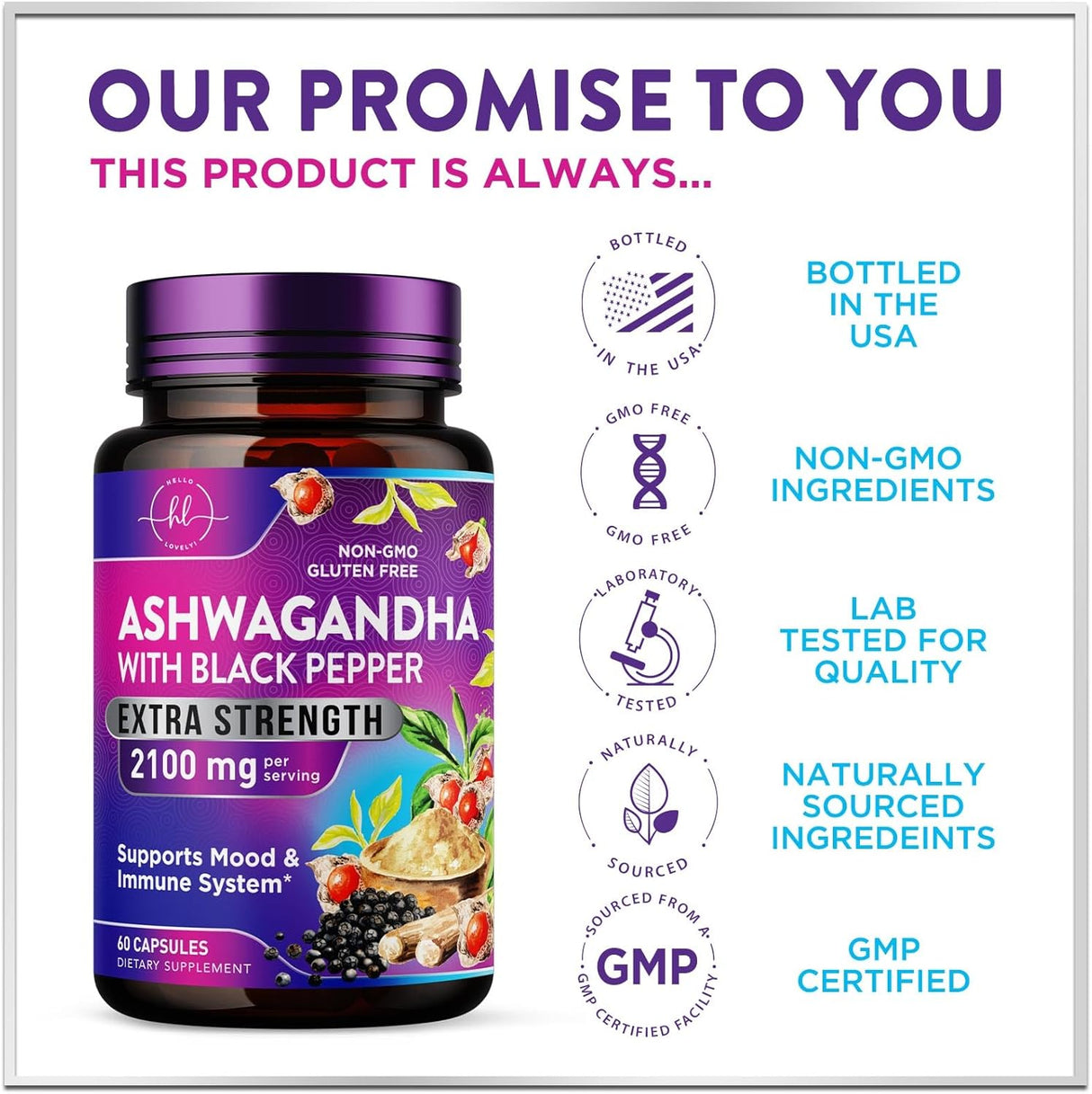 Ashwagandha 2,100 mg Extra Strength - Pure Ashwagandha Powder Antioxidant Support with Black Pepper plus Root Extract Vegan Adaptogen Formula Supplements for Energy and Immune Support - 60 Count