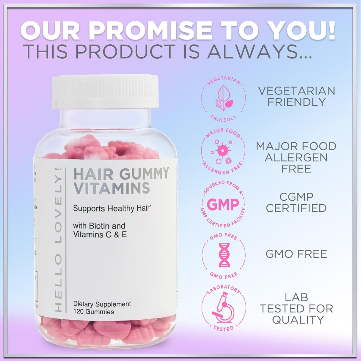Hello Lovely Hair Vitamins Gummies with Biotin 5000 mcg Vitamin E & C Support Hair Growth, Premium Vegetarian, Non-GMO, for Stronger, Beautiful Hair & Nails, Red Berry Supplement - 120 Count