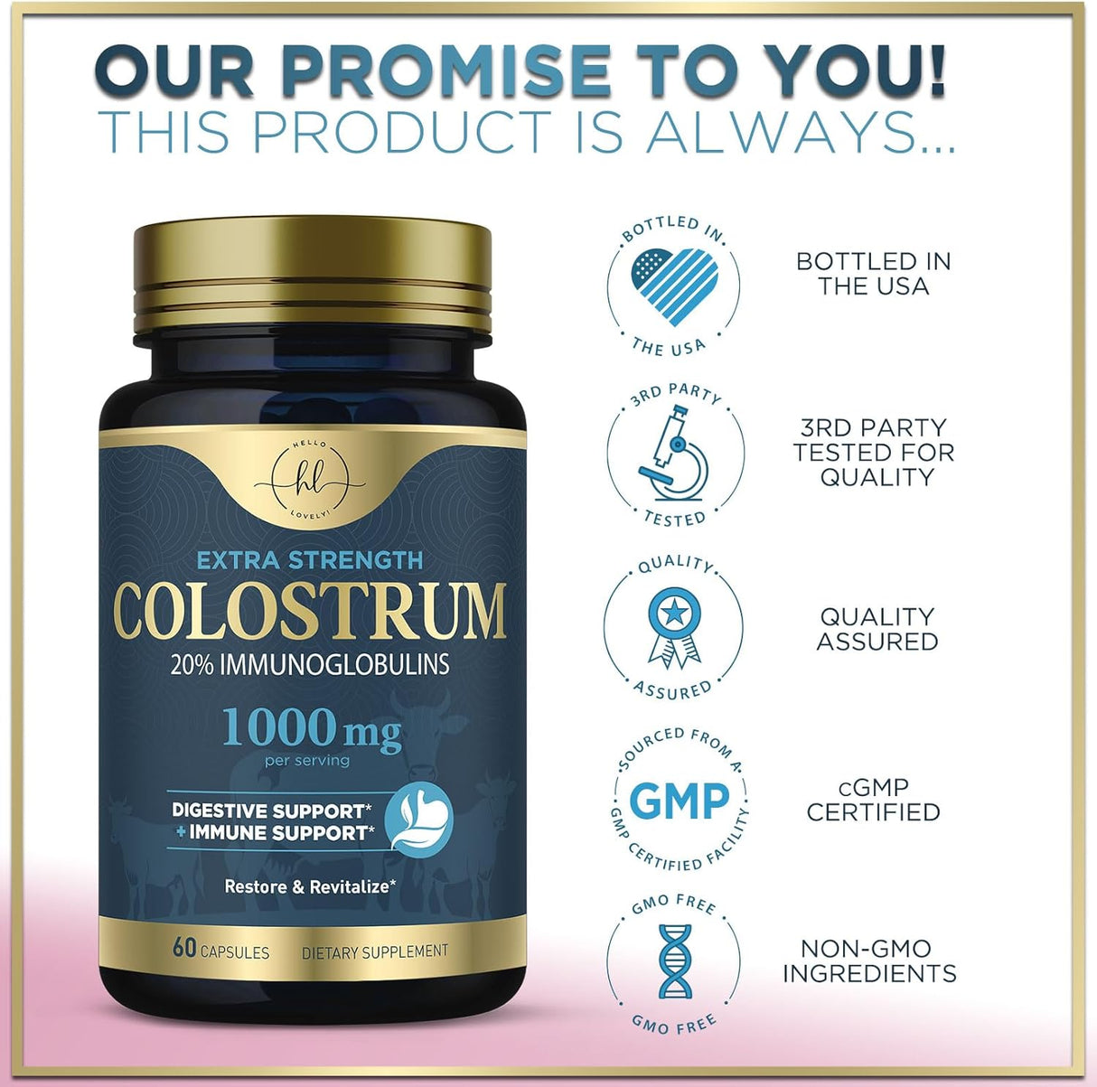 Colostrum for Women 1000mg 20% Immunoglobulins - Gut Health, Immune Support, Muscle, Skin & Hair Growth, Bottled in USA, Bovine Colostrum Powder, Colostrum Supplement for Women & Men - 60 Count