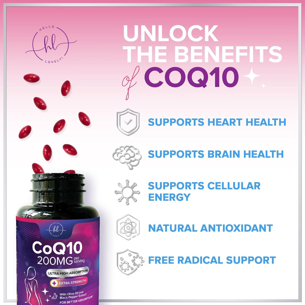 CoQ10 200mg Softgels - Ultra High Absorption, Antioxidant for Heart Health & Energy Production Support - Coenzyme Q10 Co Q 10 Vitamins and Supplements 100mg Each - Non GMO & Gluten Free - 240 Count