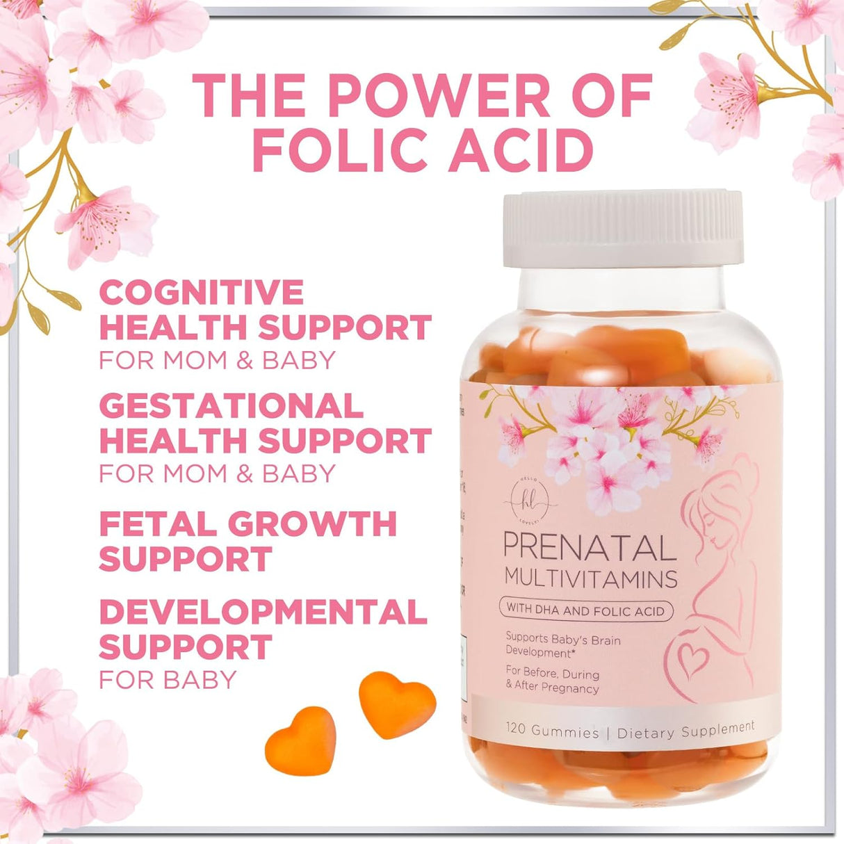 Prenatal Multivitamin Gummy w/ Folic Acid + DHA, Prenatal Vitamins with Omega 3, Vitamins B6, B12, C, D3 & Folate for Pregnancy Support, Prenatal Gummies for Women, Non-GMO Gluten Free - 120 Count