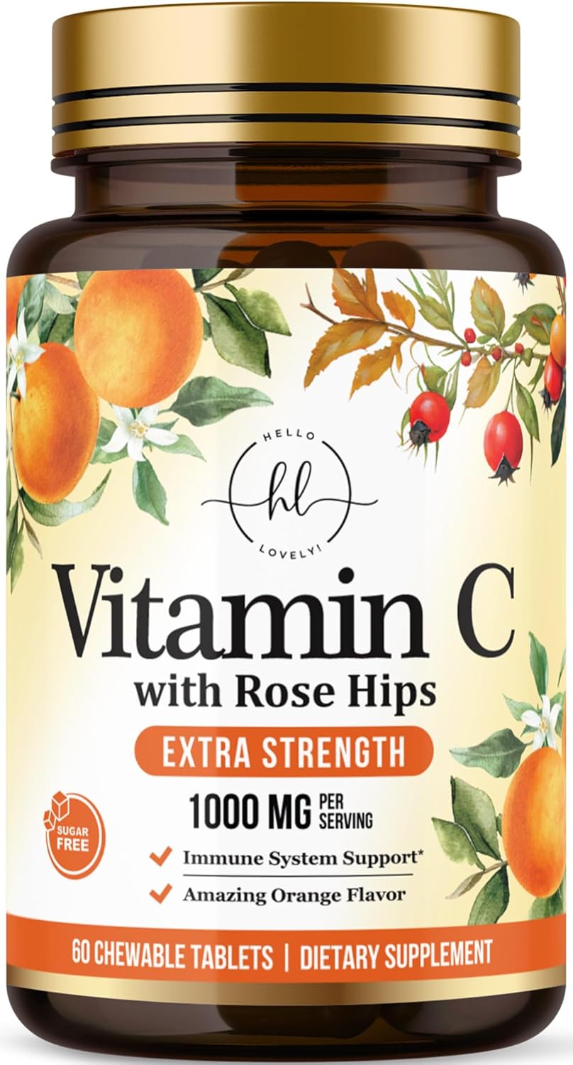Hello Lovely! Extra Strength Vitamin C 1000 mg, with Rose HIPS Bioflavonoids, Dietary Supplement for Immune Support & Antioxidant Protection, Sugar Free, Non-GMO VIT C Capsules - 60 Count