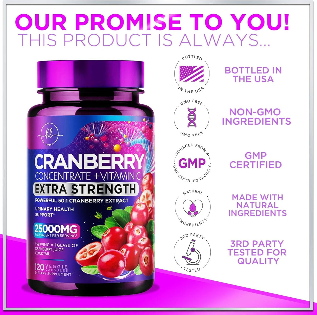 Cranberry Extract Pills + Vitamin C (25,000mg Formula) Urinary Tract Support, Sugar Free Cranberry Supplement for Women & Men, Cranberry for Urinary Health Support, NON-GMO, Gluten Free - 120 Count