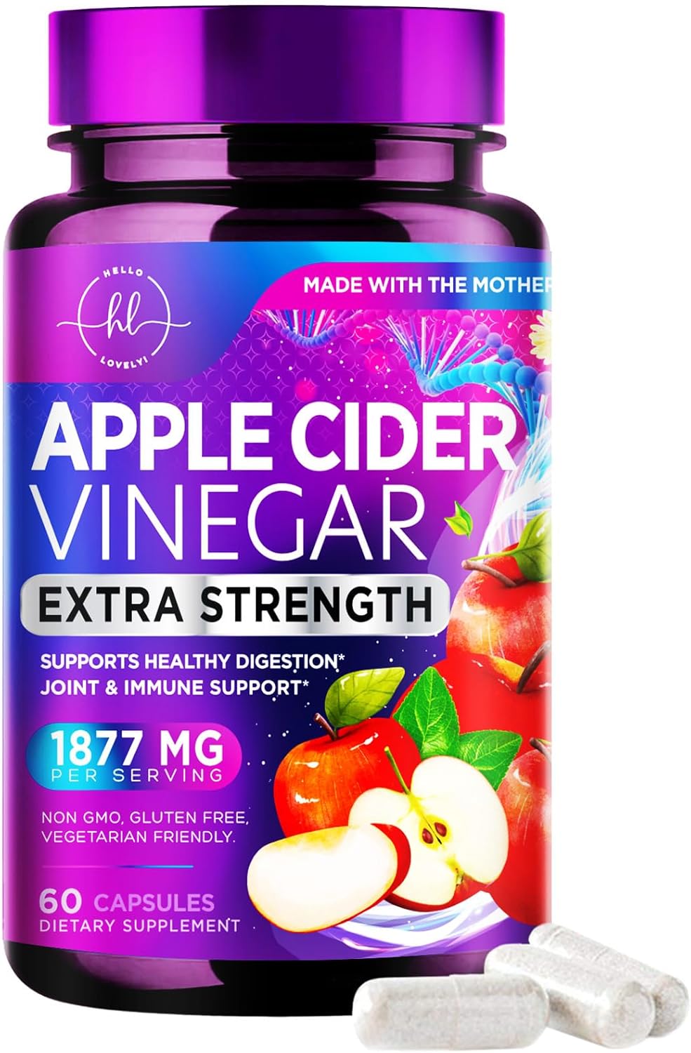 Apple Cider Vinegar Capsules - ACV Supplements with Vitamin D3 & Zinc for Detox & Cleanse, Gluten Free & Non-GMO, Vegetarian ACV Pills for Digestion, Energy & Immune Support - 60 Count