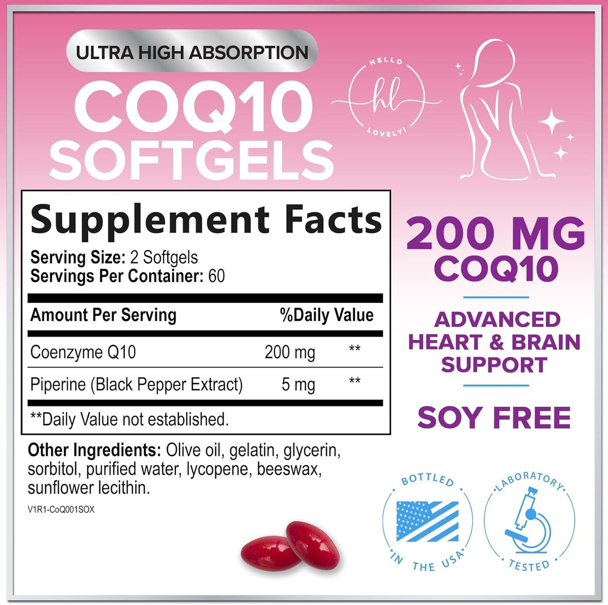 CoQ10 200mg Softgels - Ultra High Absorption, Antioxidant for Heart Health & Energy Production Support - Coenzyme Q10 Co Q 10 Vitamins and Supplements 100mg Each - Non GMO & Gluten Free - 60 Count