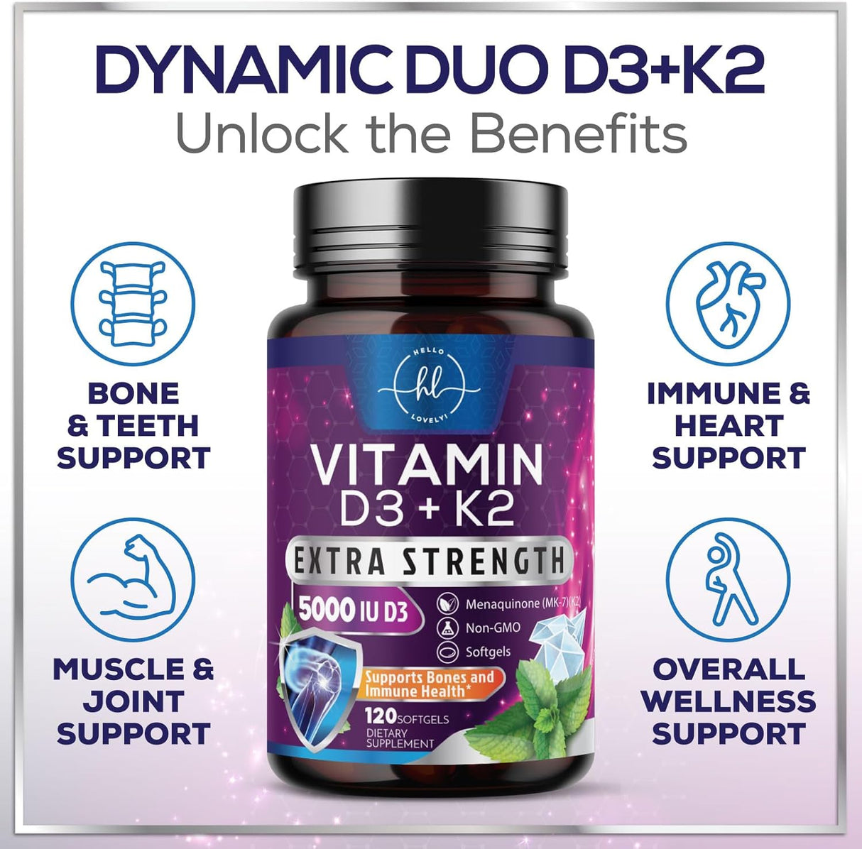 Vitamin D3 5000 IU with K2 100 mcg - D3 K2 Supplement, 2 in 1 Vitamins D & K2 Complex Softgels for Calcium Absorption, Bone, Teeth, Heart & Immune Support, Easy to Swallow, Non GMO - 120 Count