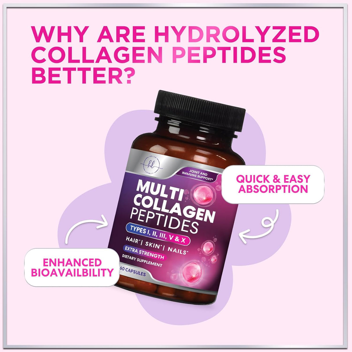 Multi Collagen Peptides - Extra Strength Collagen Supplement, Supports Healthy Skin, Hair, Nails & Joints, Hydrolyzed Collagen Complex Type I, II, III, V & X - Grass Fed, Non GMO - 60 Count