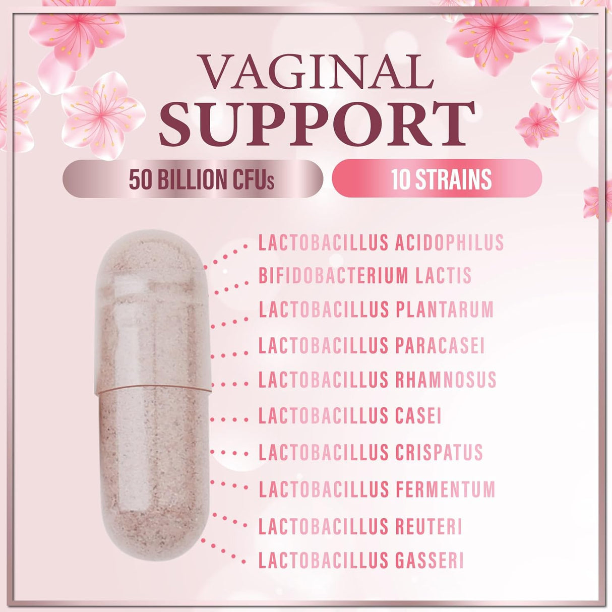Vaginal Probiotic for Women - Vaginal PH Flora Feminine Health Balance Support - 50 Billion CFU Per Capsule, 10 Unique Strains - Womens Probiotics Supplement with Cranberry & D Mannose - 60 Count
