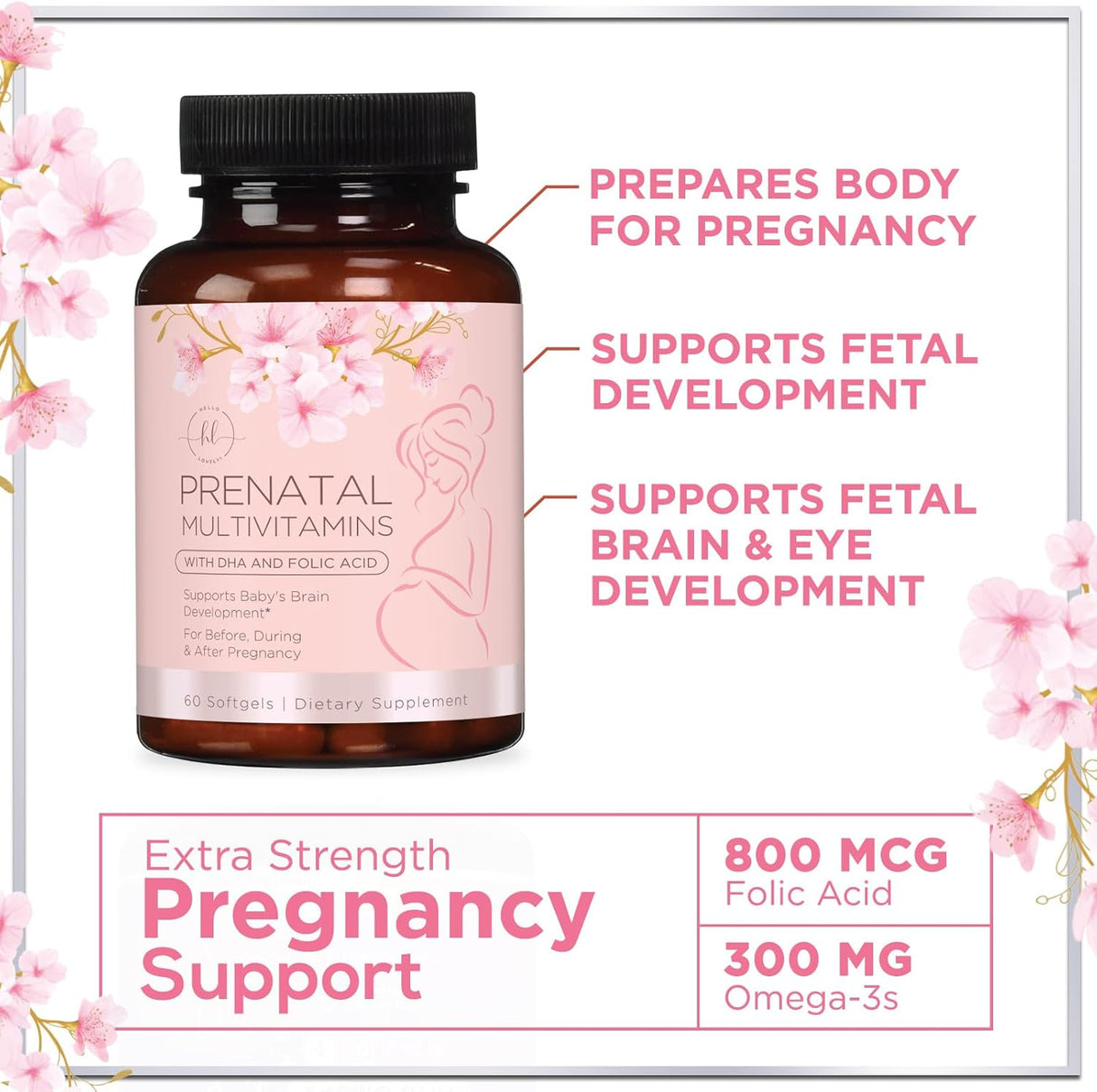 Prenatal Multivitamin with Folic Acid & DHA, Prenatal Vitamin Supplement, Folate, Omega 3, Vitamins D3, B6, B12 & Iron, Women's Pregnancy Support Prenatal Vitamins, Non-GMO Gluten Free - 60 Count
