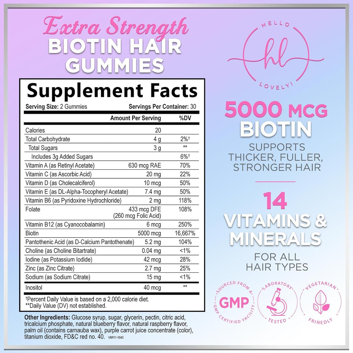 Hello Lovely Hair Vitamins Gummies with Biotin 5000 mcg Vitamin E & C Support Hair Growth, Premium Vegetarian, Non-GMO, for Stronger, Beautiful Hair & Nails, Red Berry Supplement - 60 Count