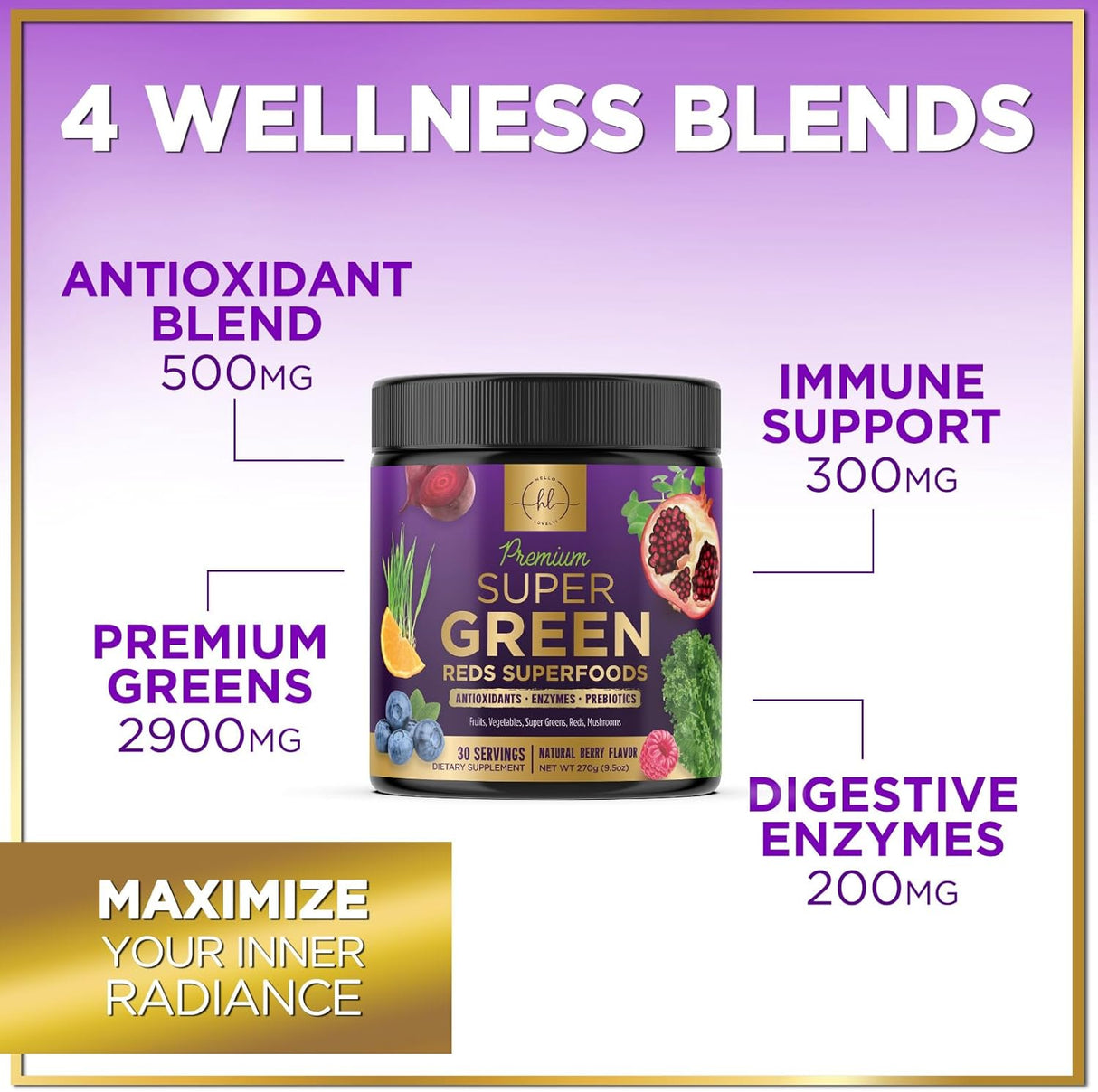 Hello Lovely! Super Greens Powder - Premium Superfood Organic Green & Reds Smoothie Mix - Spirulina, Chlorella, Wheat Grass, Digestive Enzymes & Antioxidant Supplement, Vegan, Non-GMO