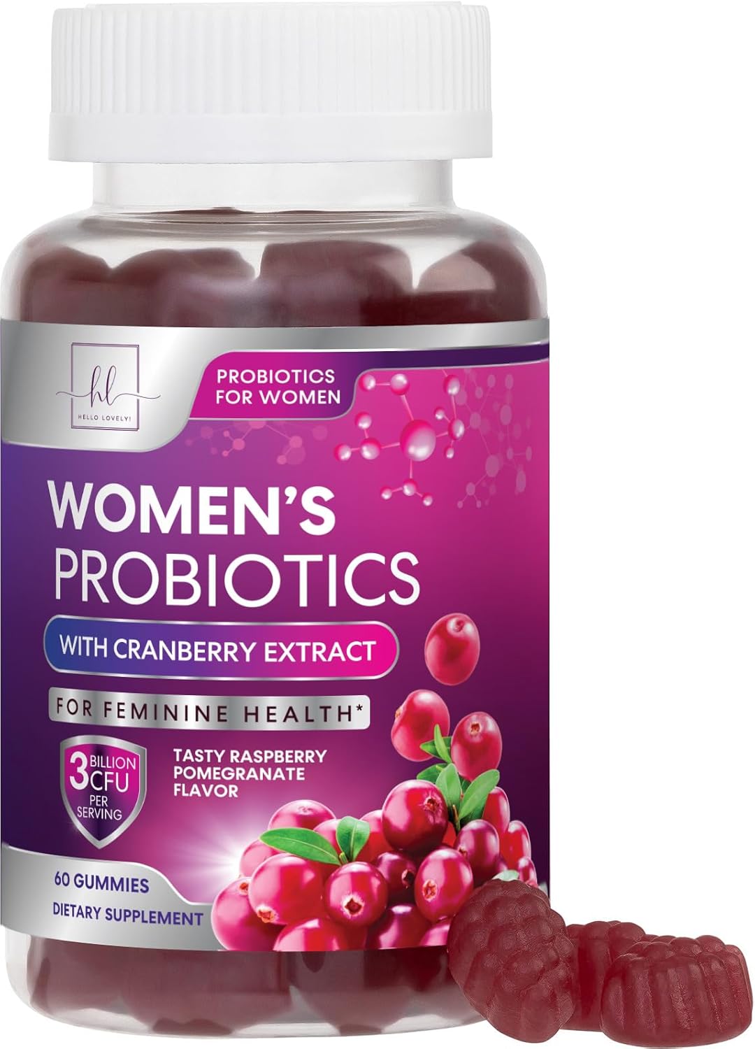 Womens Probiotic CFU Guaranteed with Cranberry, Vegan Strains, Probiotics for Women Supports Digestive, Immune, & Vaginal Health, Lovely Shelf Stable Gummy Supplement, No Soy Gluten - 60 Count