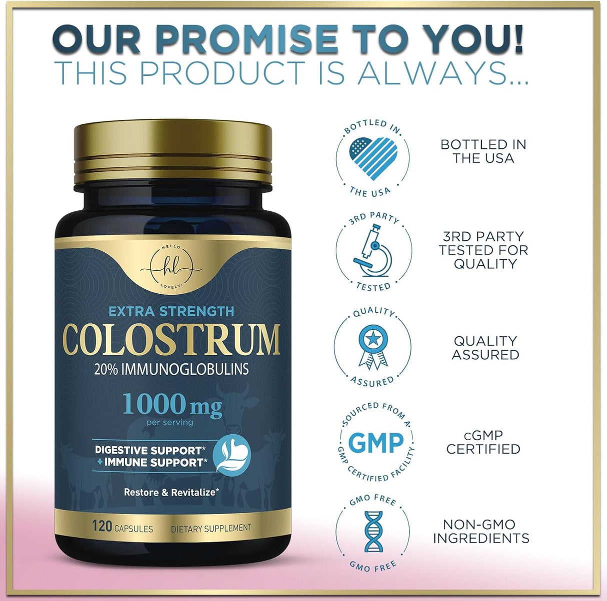 Colostrum for Women 1000mg 20% Immunoglobulins - Gut Health, Immune Support, Muscle, Skin & Hair Growth, Bottled in USA, Bovine Colostrum Powder, Colostrum Supplement for Women & Men - 120 Count