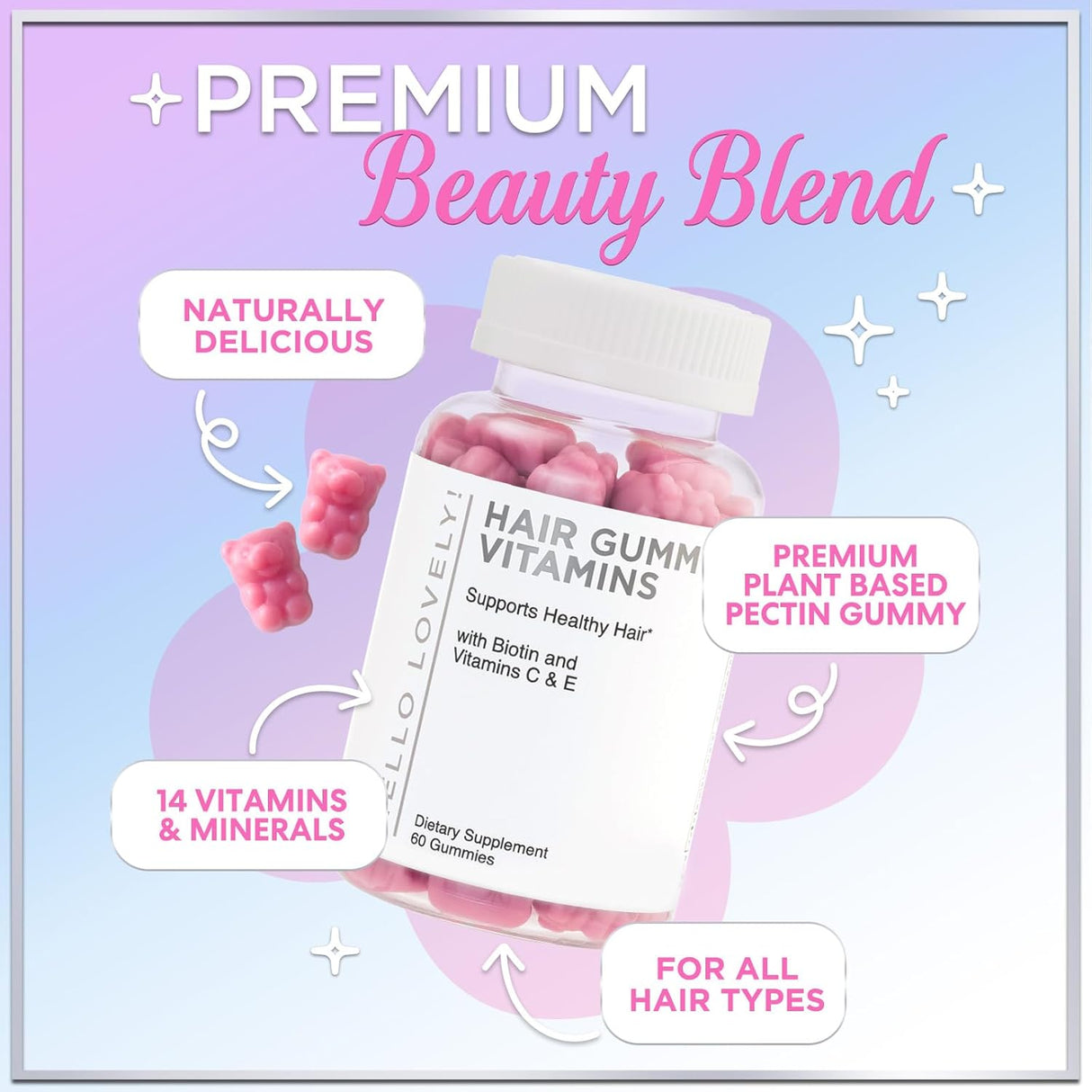 Hello Lovely Hair Vitamins Gummies with Biotin 5000 mcg Vitamin E & C Support Hair Growth, Premium Vegetarian, Non-GMO, for Stronger, Beautiful Hair & Nails, Red Berry Supplement - 60 Count