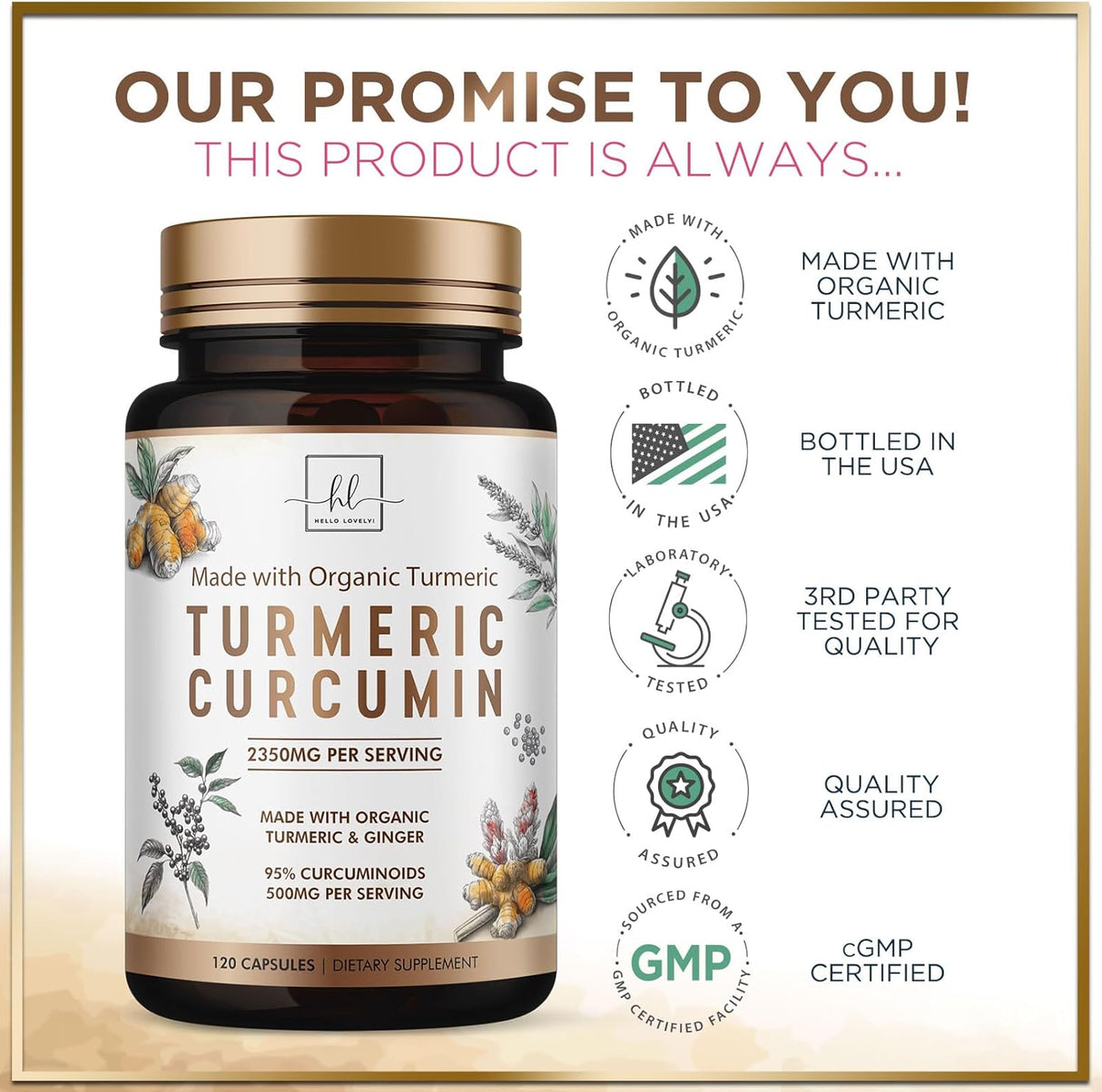 Turmeric Curcumin Supplement with 95% Curcuminoids, Organic Turmeric & Ginger 1750mg, BioPerine Black Pepper for Best Absorption, Nature's Vegan Joint Support, Non-GMO, Bottled in USA - 120 Count