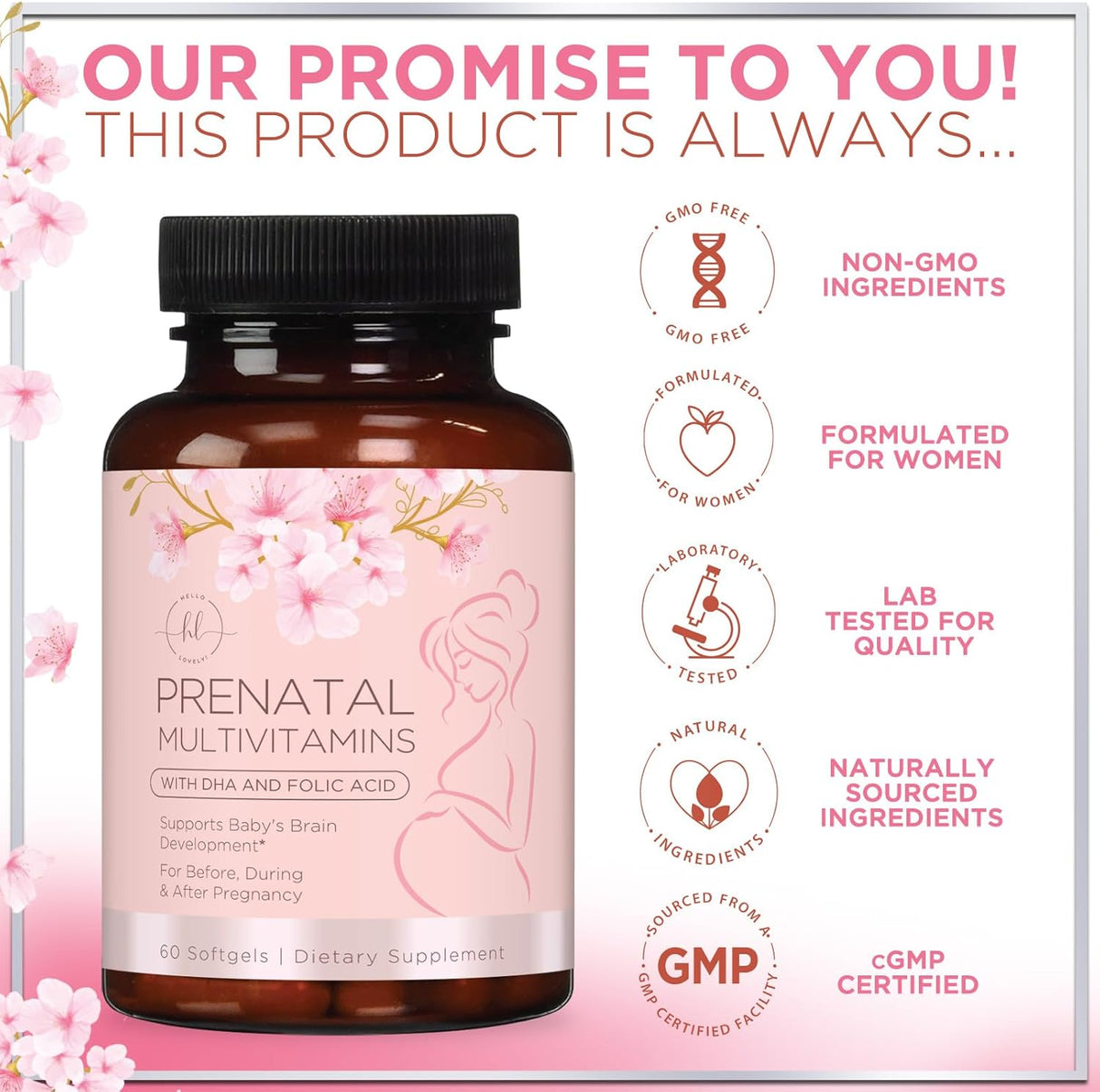 Prenatal Multivitamin with Folic Acid & DHA, Prenatal Vitamin Supplement, Folate, Omega 3, Vitamins D3, B6, B12 & Iron, Women's Pregnancy Support Prenatal Vitamins, Non-GMO Gluten Free - 60 Count