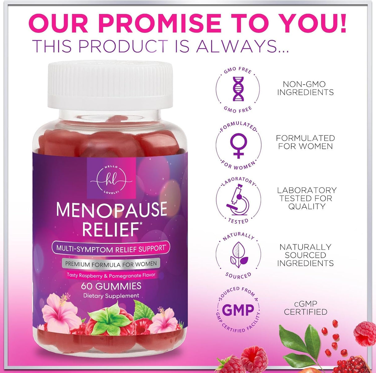 Menopause Supplements for Women - Menopause Relief Gummies, Natural Hot Flash and Night Sweats Support - Energy and Mood Support Supplement, Tasty Raspberry Pomegranate Flavored