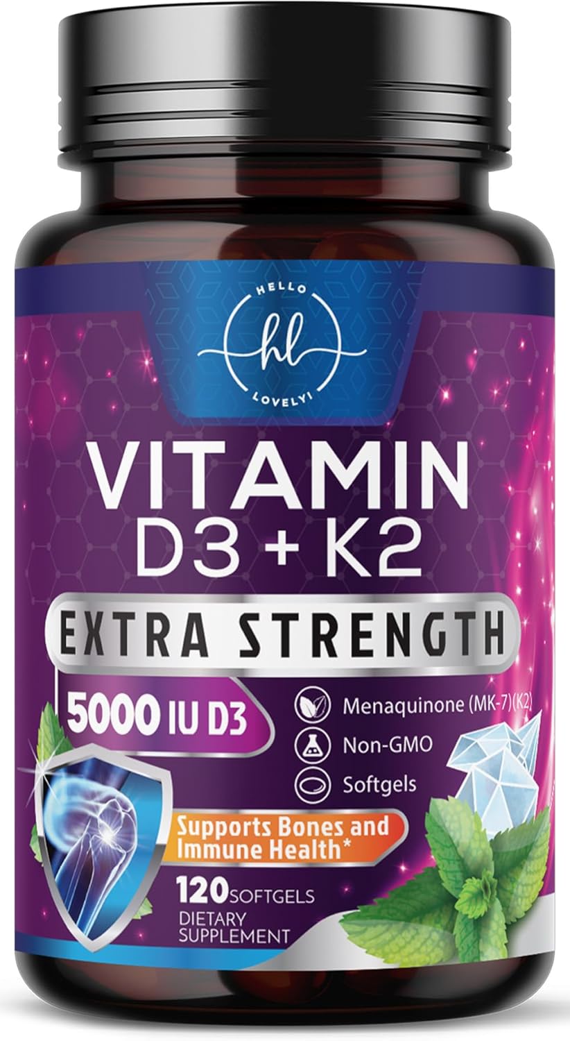 Vitamin D3 5000 IU with K2 100 mcg - D3 K2 Supplement, 2 in 1 Vitamins D & K2 Complex Softgels for Calcium Absorption, Bone, Teeth, Heart & Immune Support, Easy to Swallow, Non GMO - 120 Count