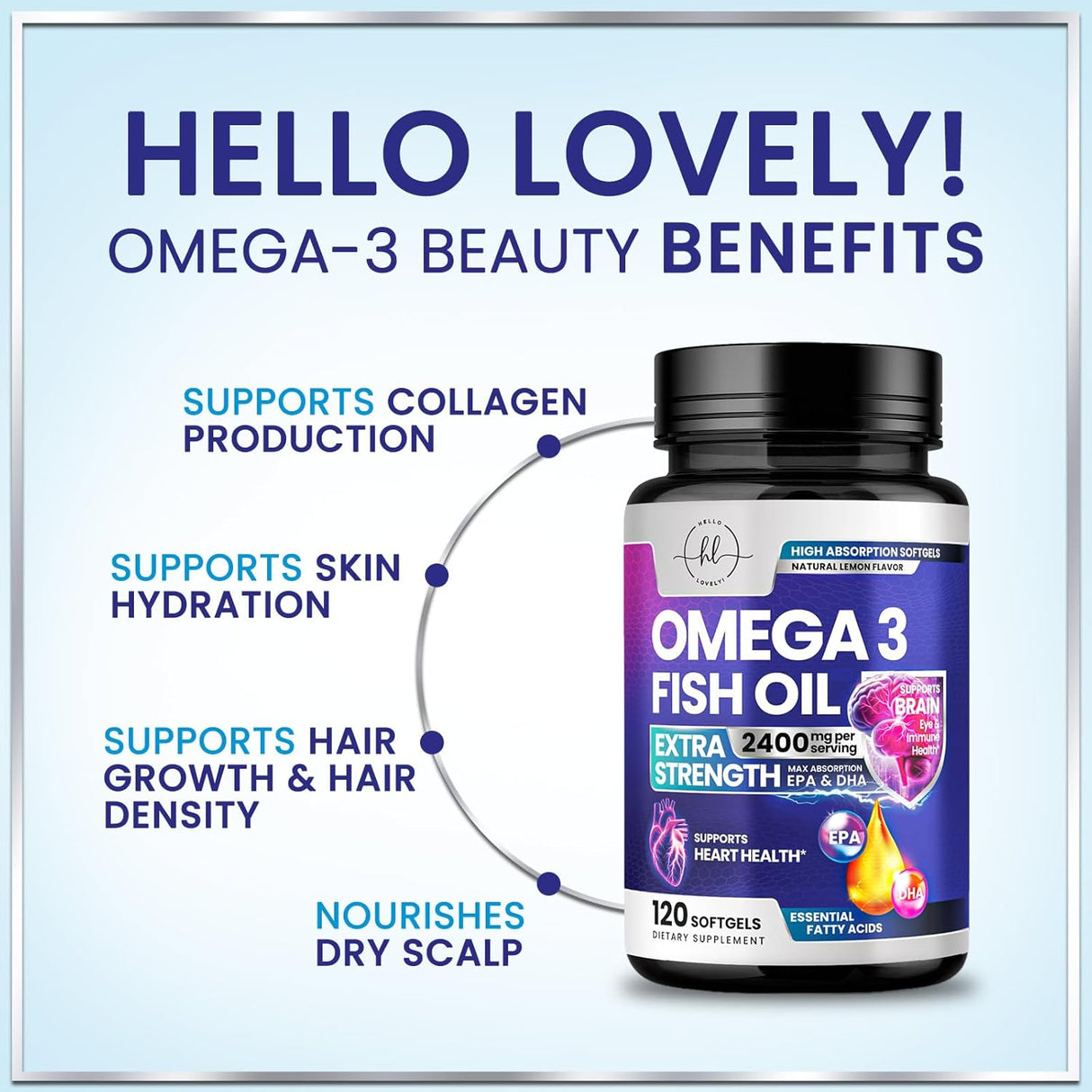 Omega 3 Fish Oil Triple Strength 2400 mg Rapid Release Softgels, Omega-3 Supplements, Natural Brain Heart Joint Health & Immune Support - Fatty Acids with EPA & DHA - Fish Oil Supplement - 120 Count
