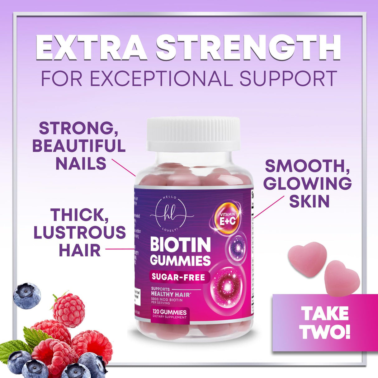Hair Vitamins Gummy for Women with Biotin 5000 mcg, Sugar-Free Hair Growth Support with Vitamins E & C, Thicker, Stronger & Beautiful Hair, Skin & Nails, Hair Health Support Supplement - 120 Gummies