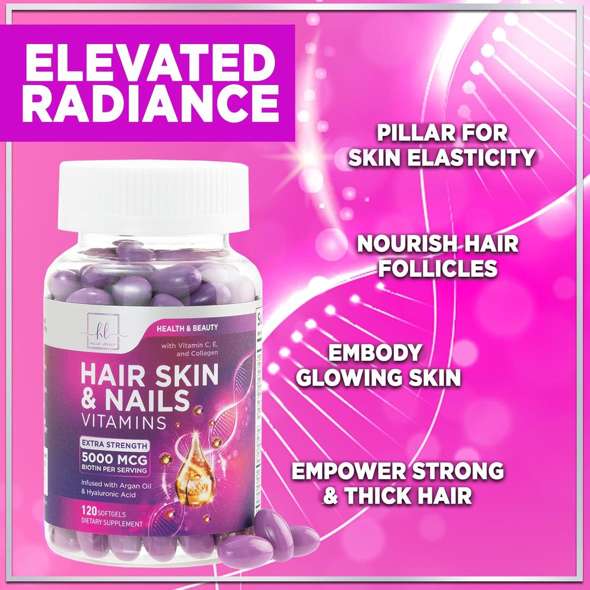 Hair, Skin & Nails Vitamin with Biotin 5000mcg - Hair Vitamins for Women, Keratin & Hair Health, Infused with Argan Oil, Collagen & Hyaluronic Acid, Supports Hair Growth Supplement - 120 Count