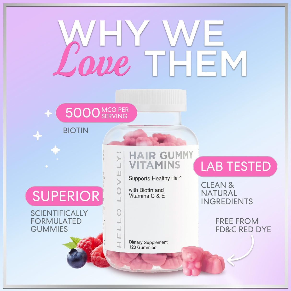 Hair Vitamins Gummies with Biotin, Vitamins C + E – 120 Count