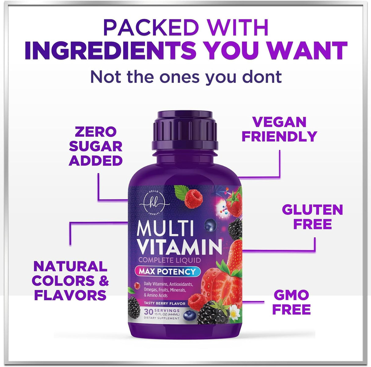 Hello Lovely! Multivitamin for Women & Men - Daily Liquid Vitamins with Biotin, Vitamin A, C, D3, E, B6, B12 & Zinc, Women's Beauty Multivitamins & Adult Immune Support, Berry Flavor - 15 Fl Oz