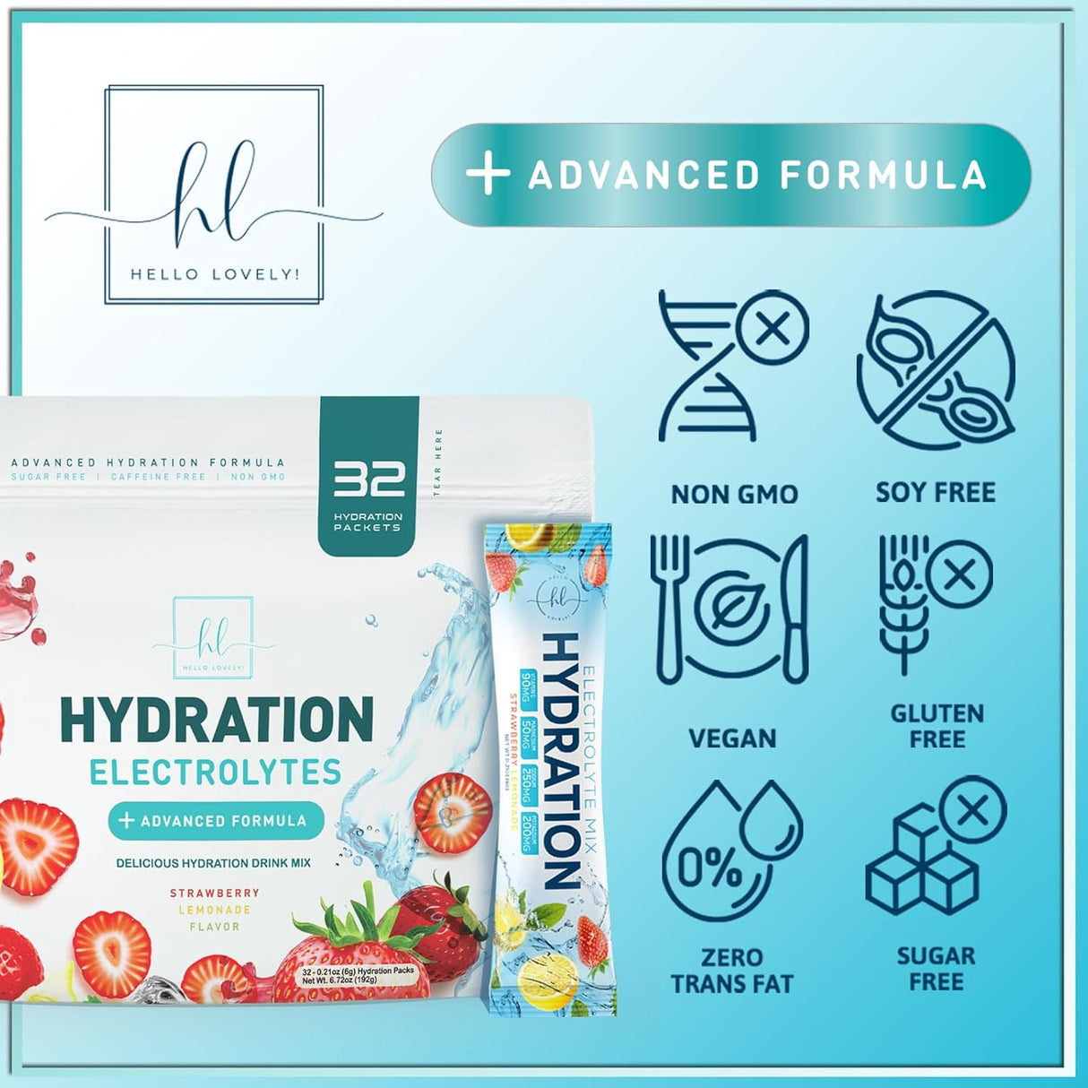 Hydration Electrolytes Powder Packets - Keto & Sugar Free, Liquid Replenisher & Recovery Drink w Real Salt - Feel Revitalized, Non-GMO, Vegan Electrolyte Drink Mix, Strawberry Lemonade - 32 Count