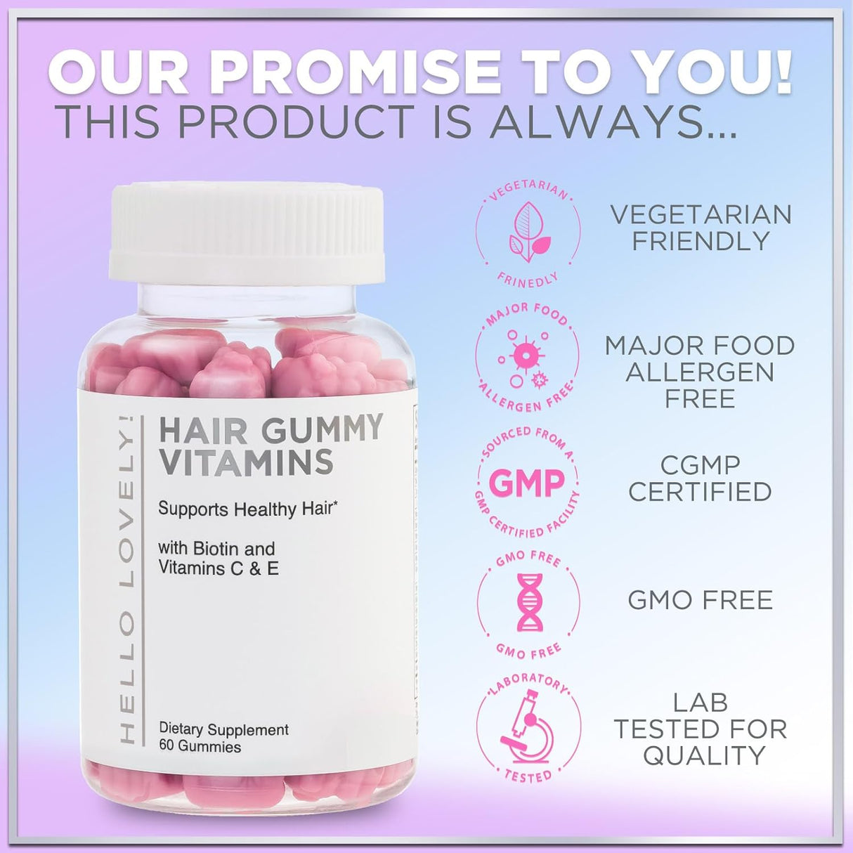 Hello Lovely Hair Vitamins Gummies with Biotin 5000 mcg Vitamin E & C Support Hair Growth, Premium Vegetarian, Non-GMO, for Stronger, Beautiful Hair & Nails, Red Berry Supplement - 60 Count