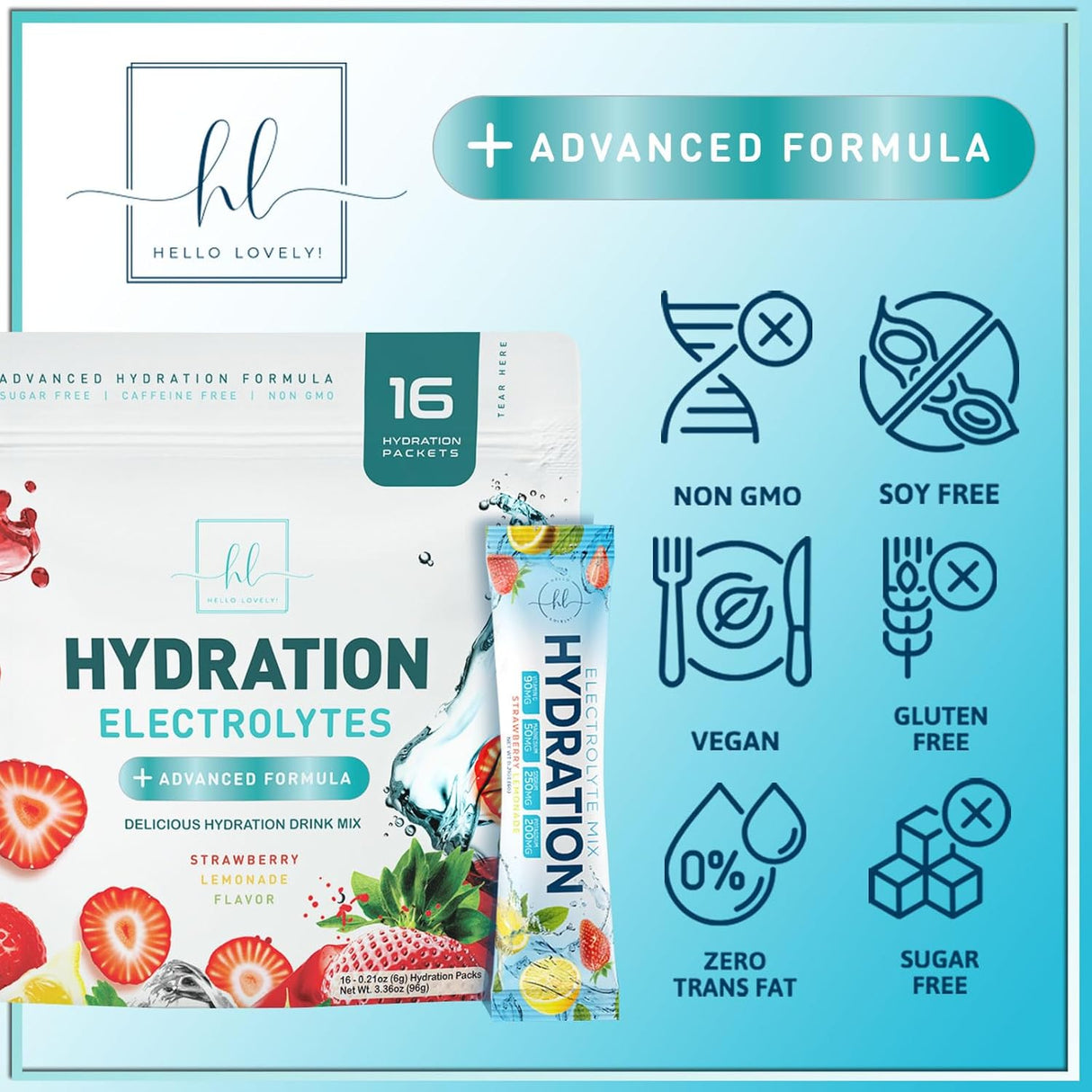 Hydration Electrolytes Powder Packets - Keto & Sugar Free, Liquid Replenisher & Recovery Drink w Real Salt - Feel Revitalized, Non-GMO, Vegan Electrolyte Drink Mix, Strawberry Lemonade - 16 Count