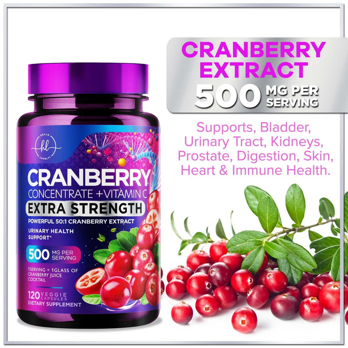 Cranberry Supplement 25,000mg Formula + Vitamin C – Urinary Tract Health Support for Women & Men, 50:1 Whole Fruit Cranberry Extract Pills for Women, Sugar-Free, Non-GMO, Gluten-Free - 120 Capsules