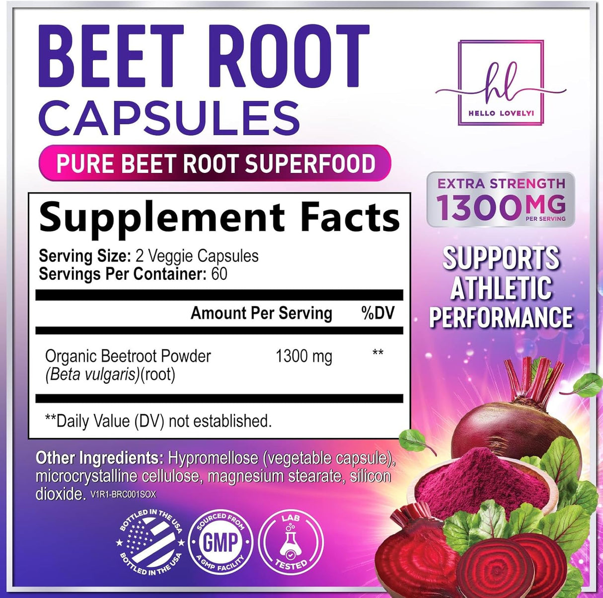 Organic Beet Root Capsules 1300mg - Extra Strength Beetroot Powder Supplement - Supports Blood Pressure, Athletic Performance & Immune System, Non-GMO, Gluten Free - Bottled in the USA - 120 Capsules