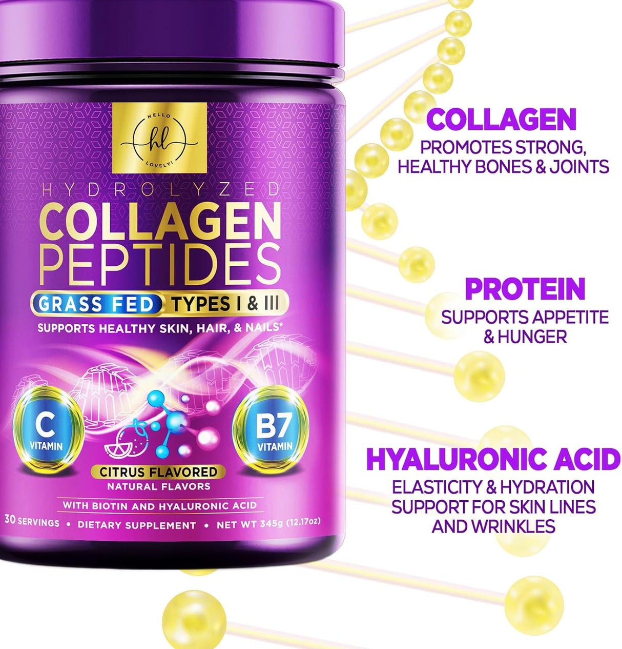 Collagen Peptides Powder - Hair, Skin, Nail & Joint Support, Type I & III Grass Fed Hydrolyzed Collagen Protein, Keto Friendly, Non GMO with Vitamin C, Biotin & Hyaluronic Acid