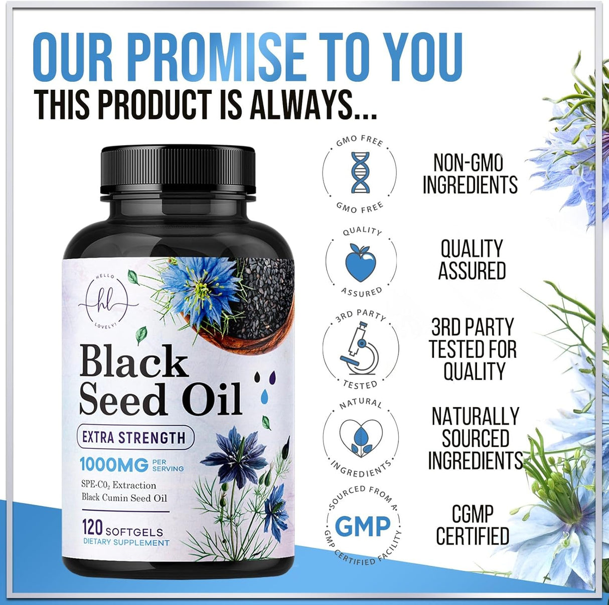 Premium Black Seed Oil Capsules - Extra Strength 1000mg - 100% Blackseed Oil for Immune Support & Skin Health (Non-GMO & Vegan) Pure Cold-Pressed Nigella Sativa Black Cumin Seed Oil - 120 Count