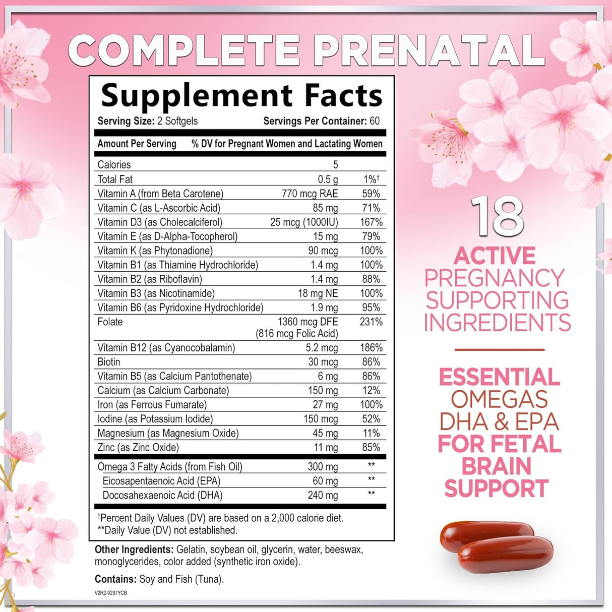 Prenatal Multivitamin with Folic Acid & DHA, Prenatal Vitamin Supplement, Folate, Omega 3, Vitamins D3, B6, B12 & Iron, Women's Pregnancy Support Prenatal Vitamins, Non-GMO Gluten Free - 120 Count