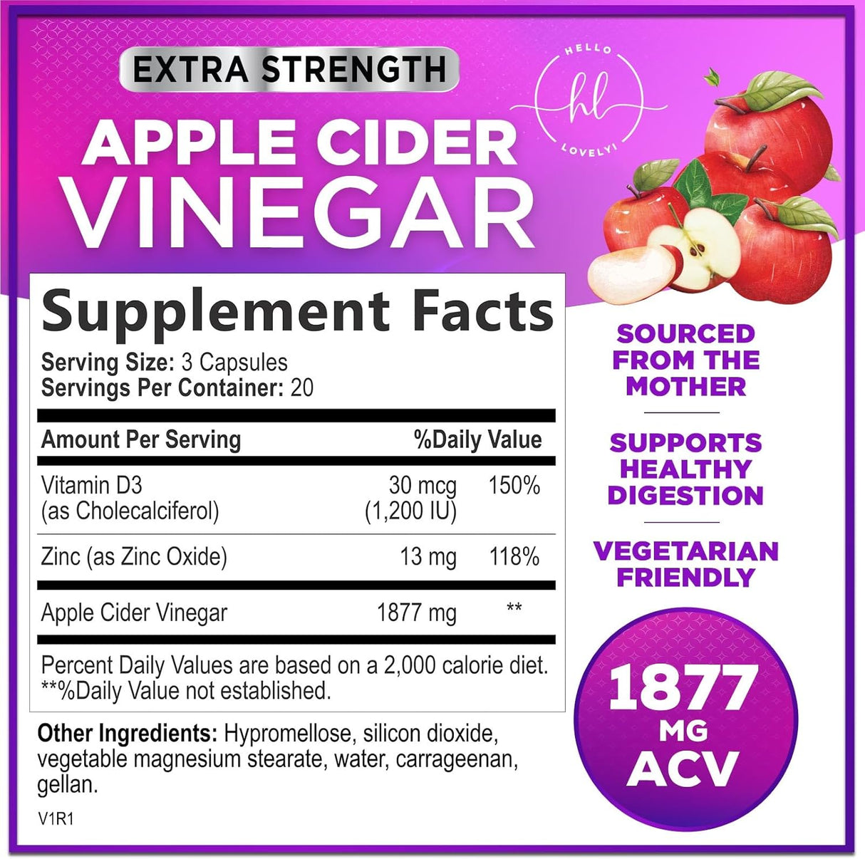Apple Cider Vinegar Capsules - ACV Supplements with Vitamin D3 & Zinc for Detox & Cleanse, Gluten Free & Non-GMO, Vegetarian ACV Pills for Digestion, Energy & Immune Support - 60 Count