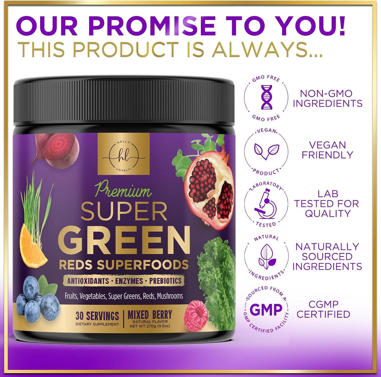 Hello Lovely! Super Greens Powder - Premium Superfood Organic Green & Reds Smoothie Mix - Spirulina, Chlorella, Wheat Grass, Digestive Enzymes & Antioxidant Supplement, Vegan, Non-GMO