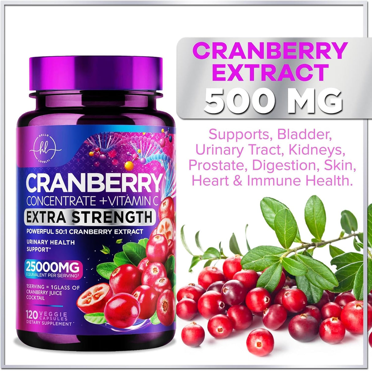 Cranberry Extract Pills + Vitamin C (25,000mg Formula) Urinary Tract Support, Sugar Free Cranberry Supplement for Women & Men, Cranberry for Urinary Health Support, NON-GMO, Gluten Free - 120 Count