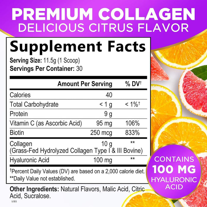 Collagen Peptides Powder - Hair, Skin, Nail & Joint Support, Type I & III Grass Fed Hydrolyzed Collagen Protein, Keto Friendly, Non GMO with Vitamin C, Biotin & Hyaluronic Acid