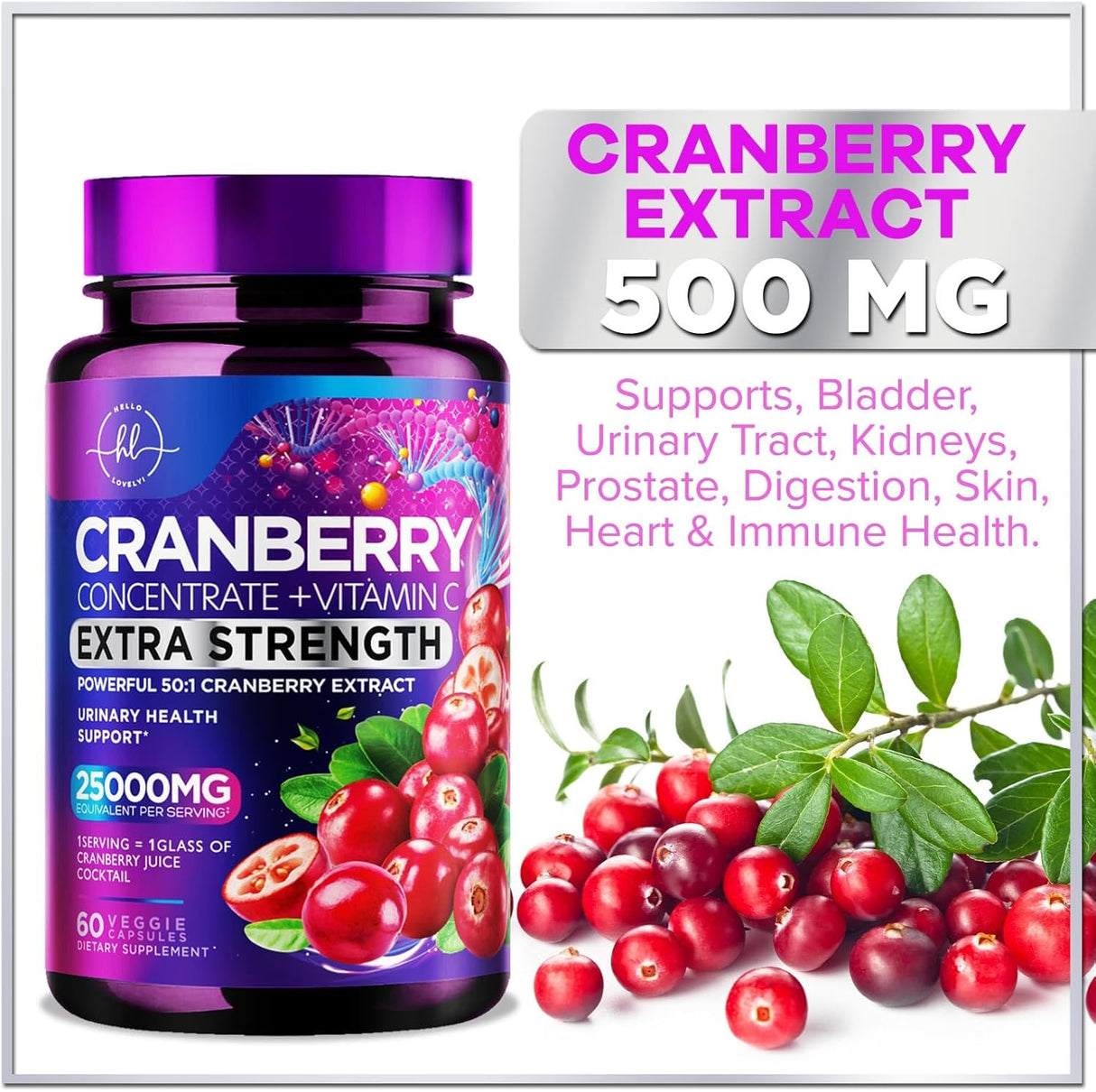 Cranberry Extract Pills + Vitamin C (25,000mg Formula) Urinary Tract Support, Sugar Free Cranberry Supplement for Women & Men, Cranberry for Urinary Health Support, NON-GMO, Gluten Free - 60 Count