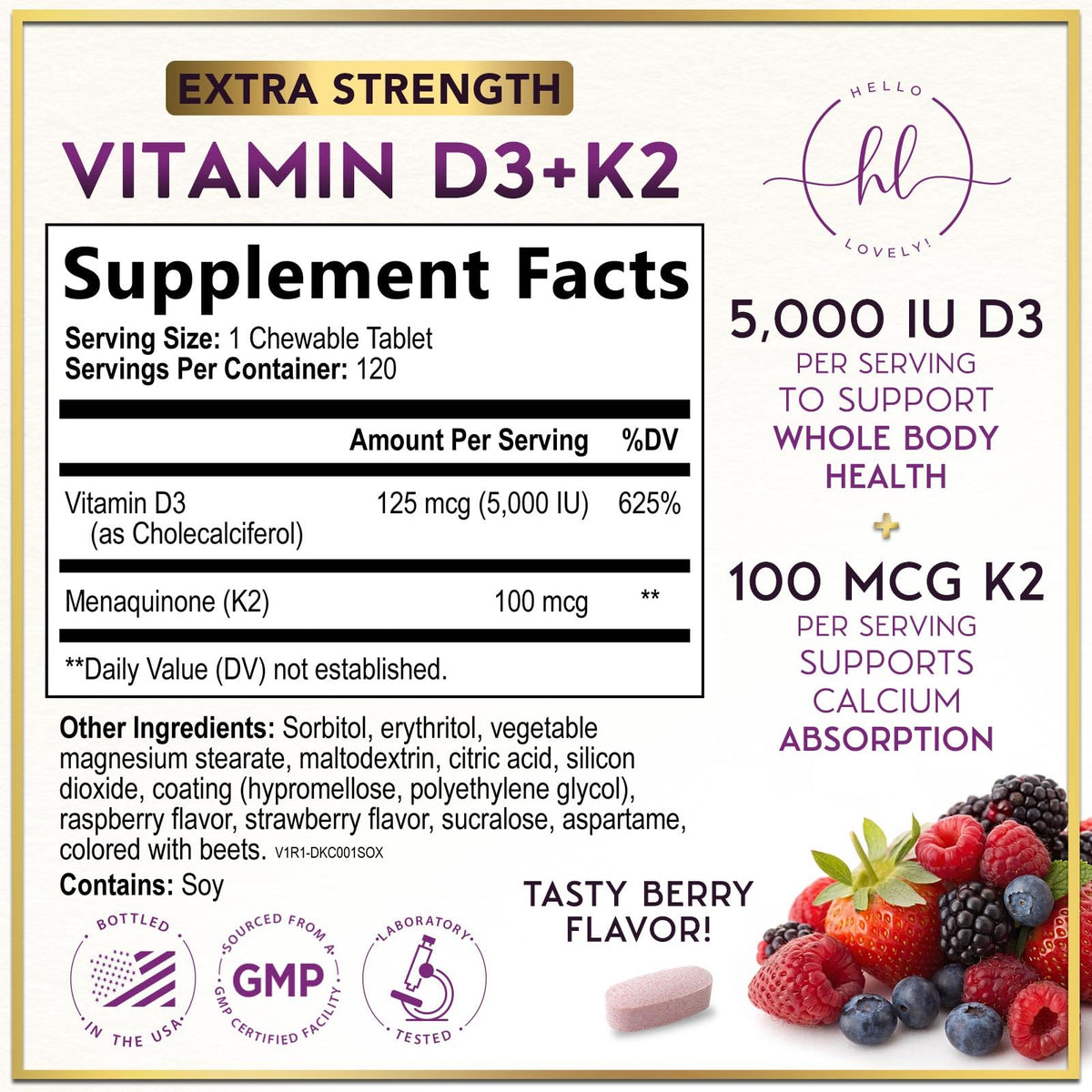 Vitamin D3 5,000 IU + K2 MK-7 Chewables – 120 Tablets