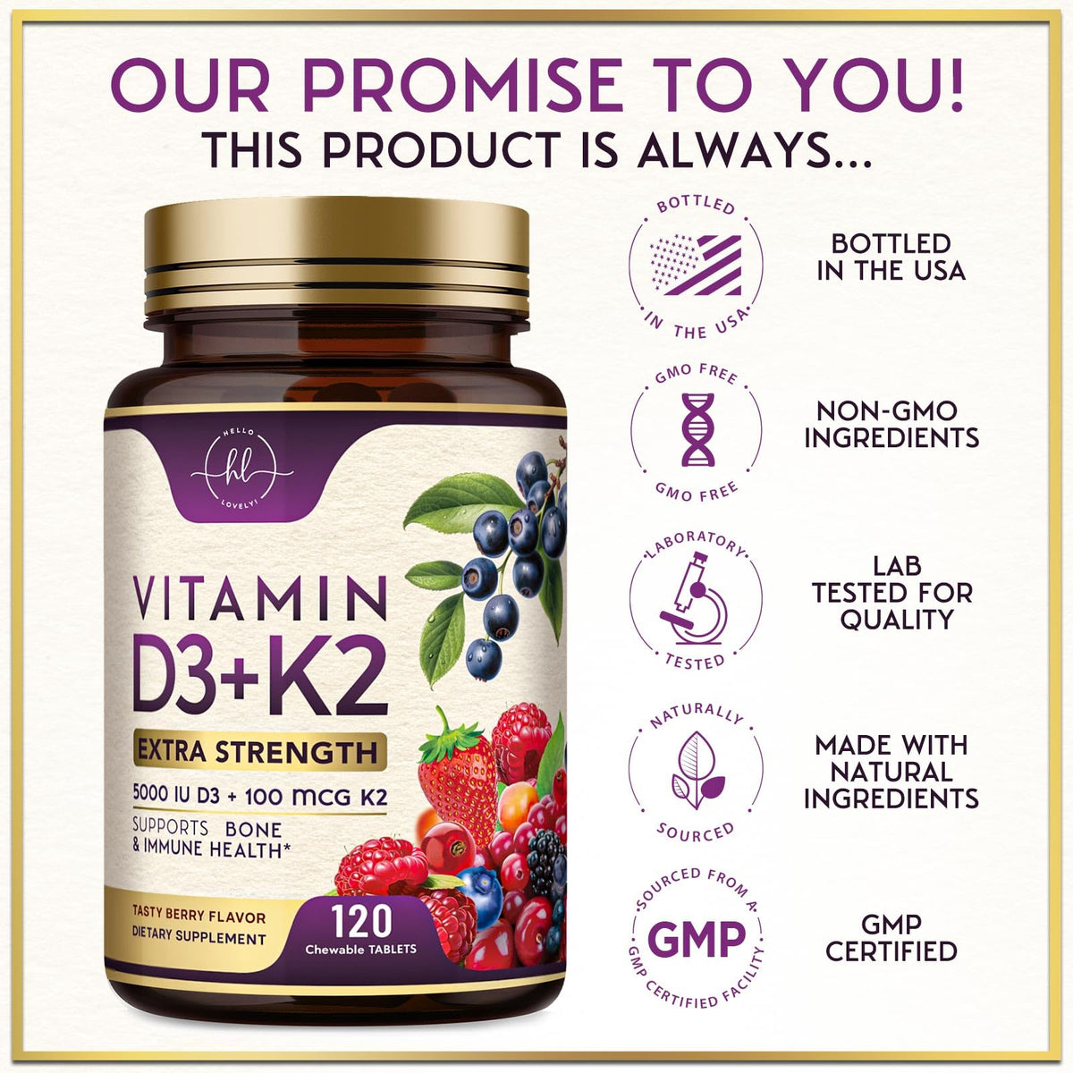Vitamin D3 5,000 IU + K2 MK-7 Chewables – 120 Tablets